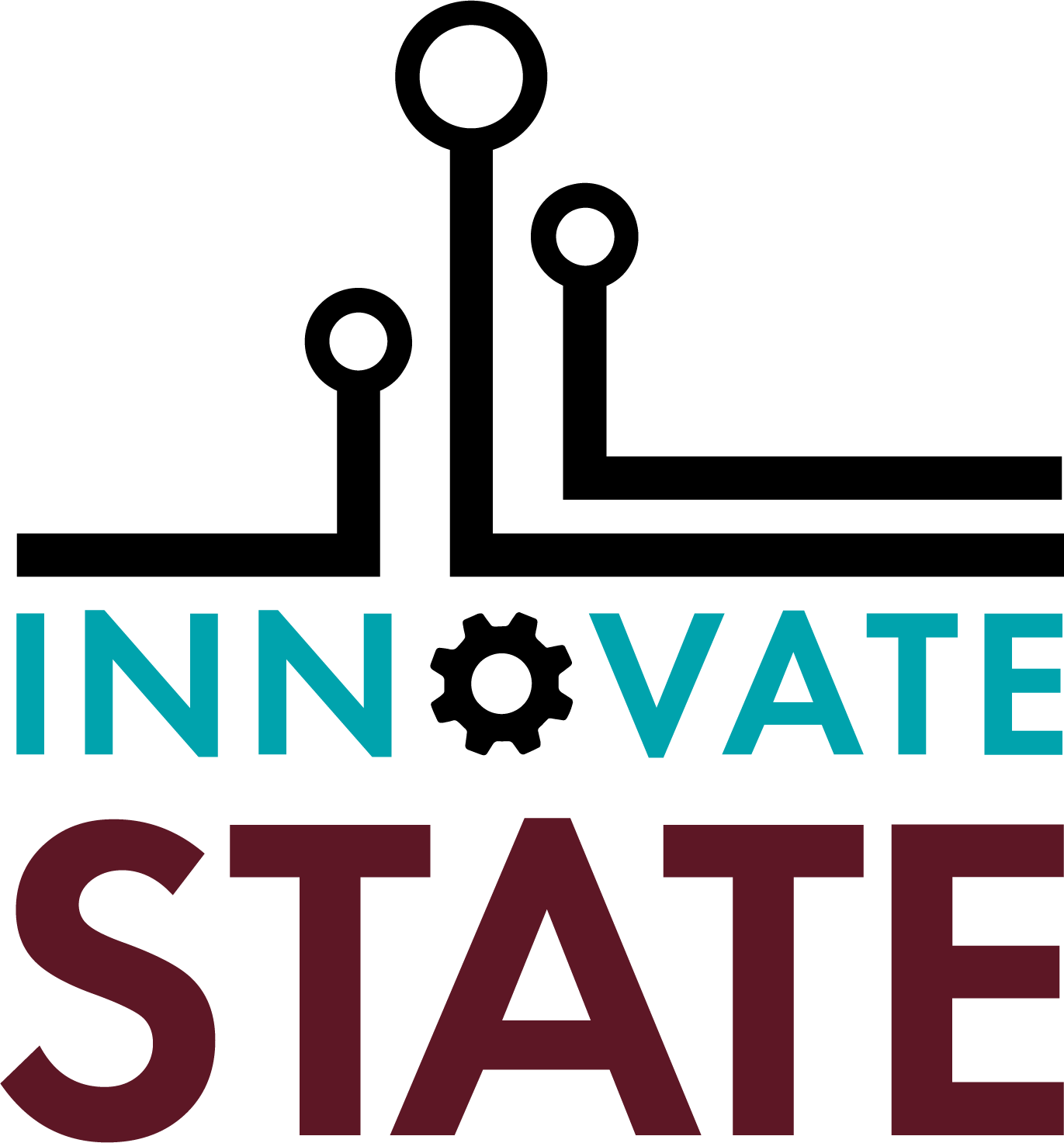 Logo for Innovate State that includes vector imagery of a gear and electronic circuits.